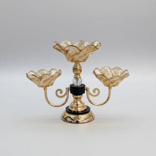 Elegant 3 Bowl Gold & Amber Glass Serving Stand