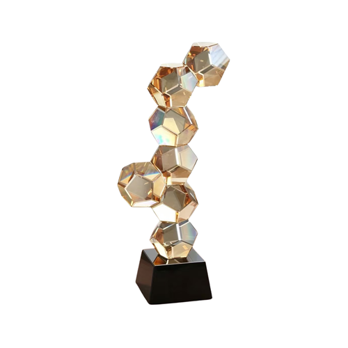 Modern Amber Crystal Geometric Cube Sculpture