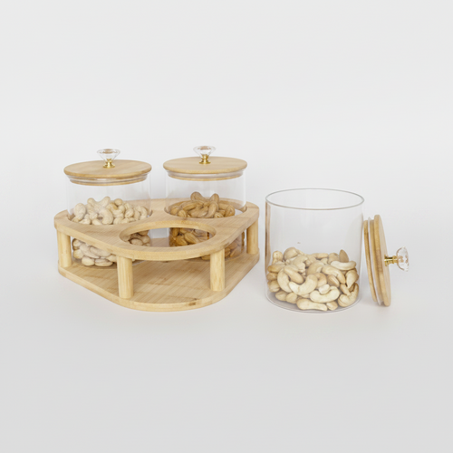 Clear Glass Storage Jar Set with Wooden Lids and Serving Stand