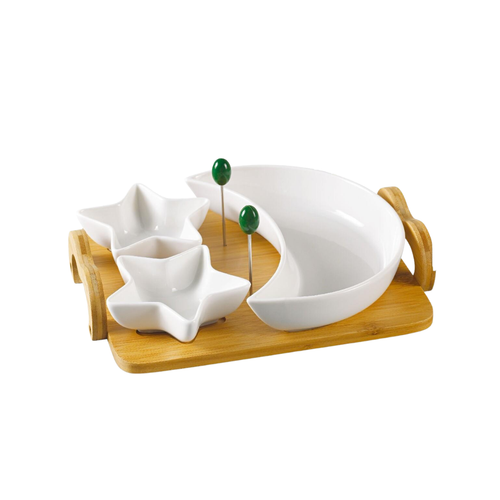 Celestial Crescent Moon & Star Serving Set with Wooden Tray