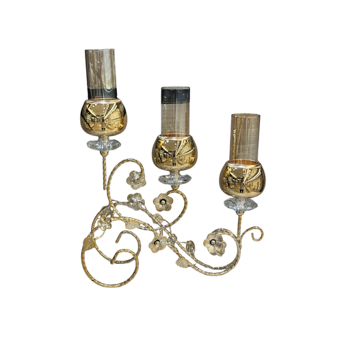 3 Arm Floral Vine Gold & Amber Glass Candle Holder