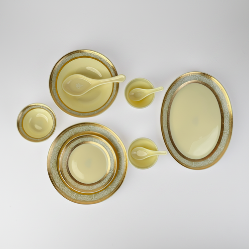 Elegant Ivory & Damask Gold Rim Fine Dinnerware Set 35 Pcs