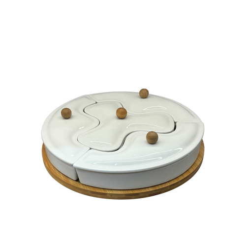 Elegant Covered Ceramic Serving Platter & Wooden Tray