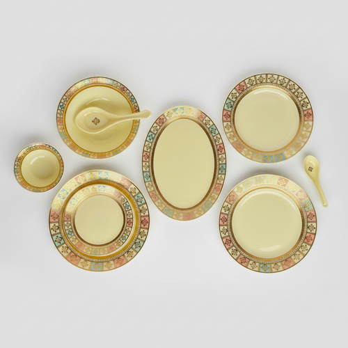Imperial Pastel Mosaic & Gold Floral Rim Dinnerware Set 35 Pcs
