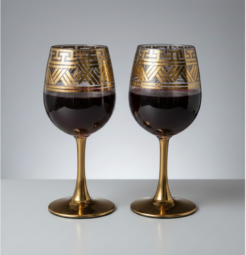 Greek Key Gold Etched Wine Glasses Set of 6