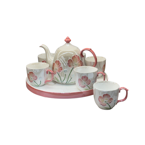 3D Poppy Blossom Ceramic Tea Set with Serving Tray
