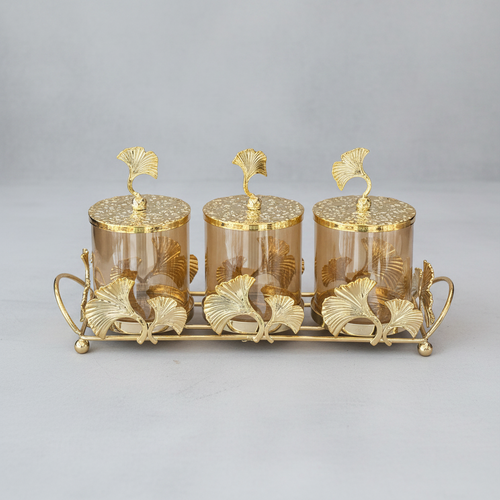 Gold Ginkgo Leaf Amber Glass Jar Set with Serving Tray