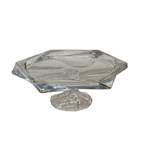 Elegant Gold Accented Hexagonal Glass Cake Stand