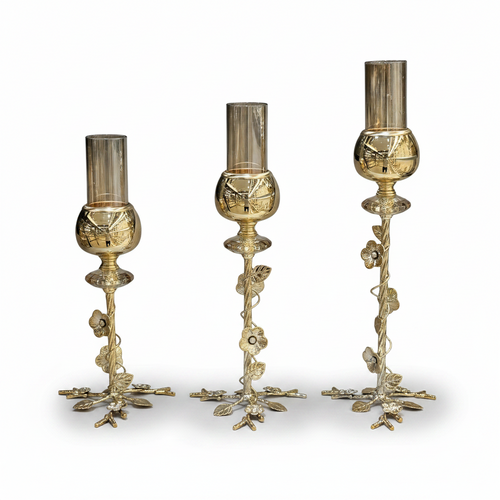 3 Piece Floral Vine Gold & Amber Glass Pillar Candle Holder Set