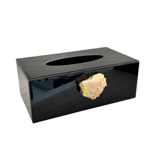 Black Glass Tissue Box Cover with Natural Quartz Crystal