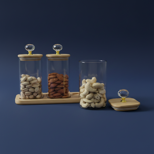 Glass Canister Trio with Wooden Tray & Crystal Knobs