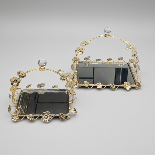 Gold Floral Metal & Mirrored Basket Tray Set of 2