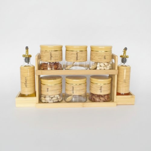 Wooden Glass Spice Jar Set with Rack 9 Piece