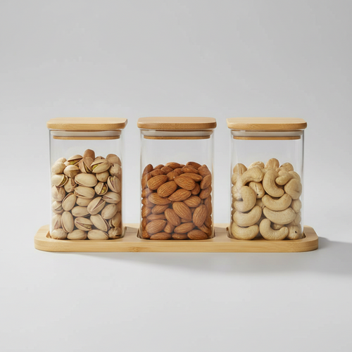 Minimalist Glass Jar Set with Natural Wooden Tray & Airtight Lids