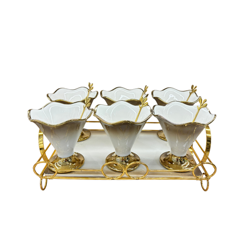 Luxury Gold Trimmed Dessert Cup Set with Tray & Spoons 13Piece