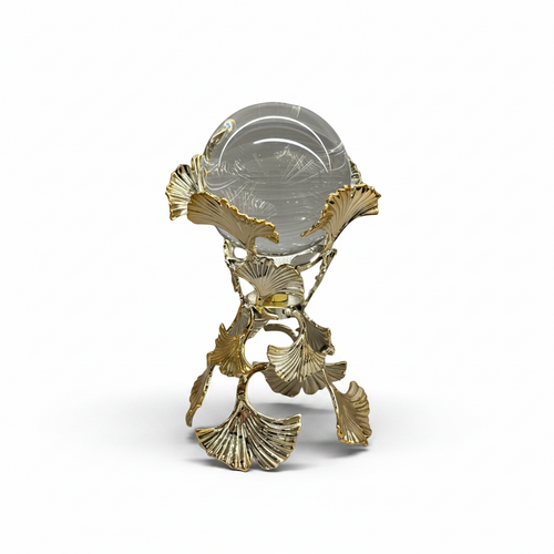 Crystal Sphere Showpiece with Gold Ginkgo Leaf Stand