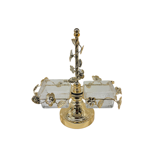 2-Bowl Gold Floral Vine Crystal Serving Caddy