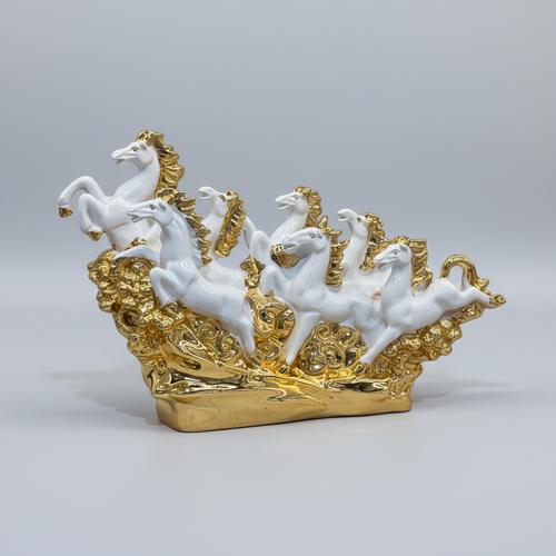 Regal White & Gold 7 Running Horses Sculpture