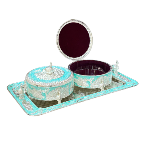 Turquoise & Silver Peacock Round Dry Fruit Storage Box Set