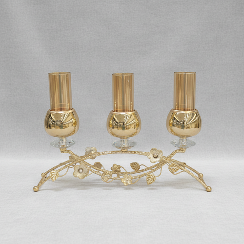 Gold Blossom Amber Glass 3 Piece Candle Holder