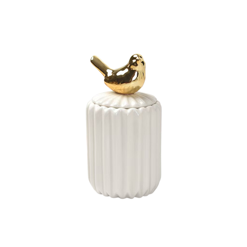Slim Ceramic Vanity Jar with Gold Bird Handle