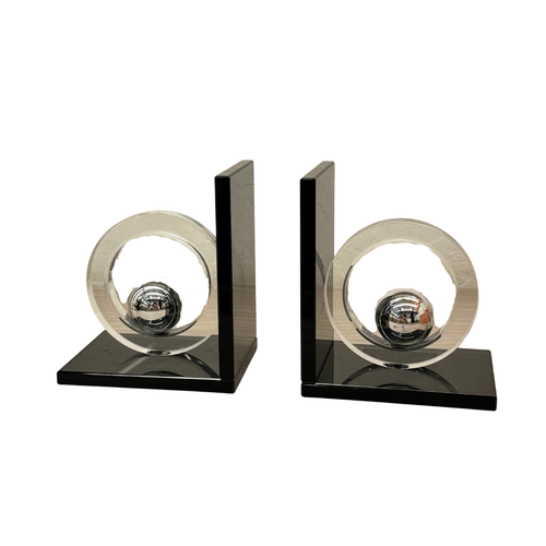 Modernist Chrome Sphere & Crystal Ring Bookends