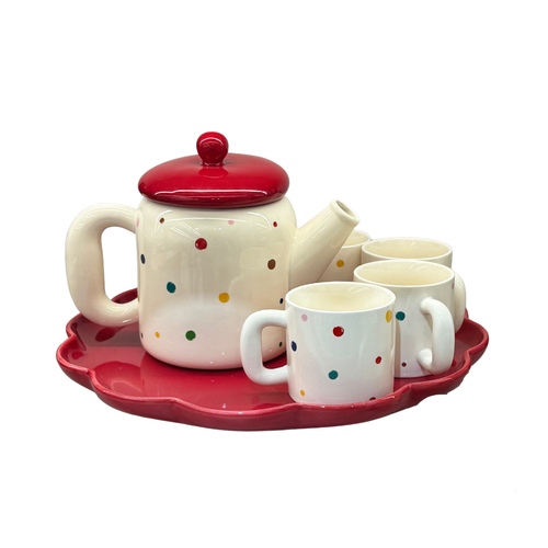 Polka Dot Tea Set with Cherry Red Scalloped Tray
