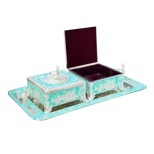 Turquoise & Silver Peacock Embossed Dry Fruit Box Set