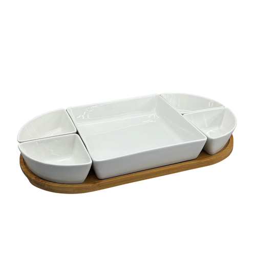 Modern Ceramic Appetizer Platter Set with Wooden Base
