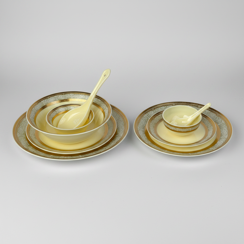 Elegant Ivory & Damask Gold Rim Fine Dinnerware Set 35 Pcs