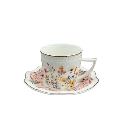 Gold Trimmed Floral Teacup & Saucer Set of 6