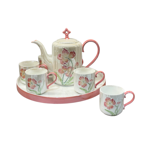 3D Botanical Pearl 8-Piece Tea Service in Ivory & Coral Rose
