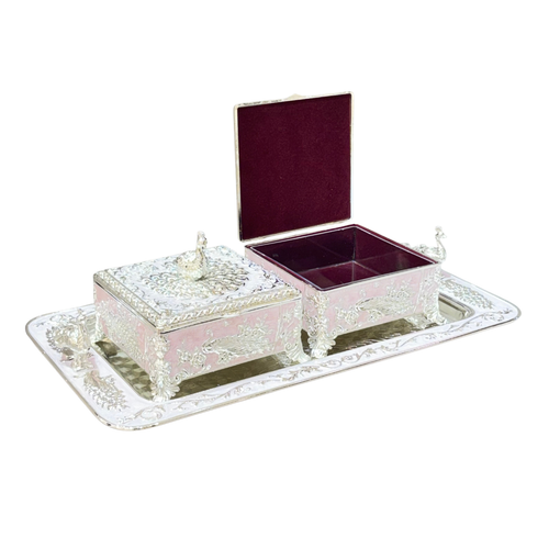 Soft Pink & Silver Peacock Embossed Dry Fruit Box Set