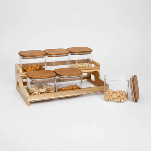 Square Glass Canister Set with Wooden Lids and Tiered Organizer