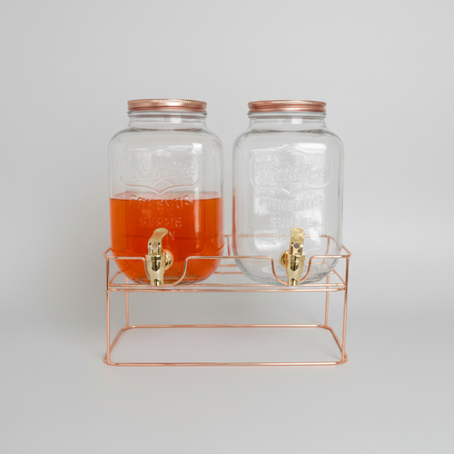 Double Glass Beverage Dispenser Set with Rose Gold Wire Stand