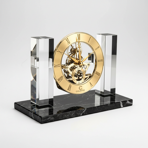 Regal Gold Skeleton Desk Clock with Crystal Pillars