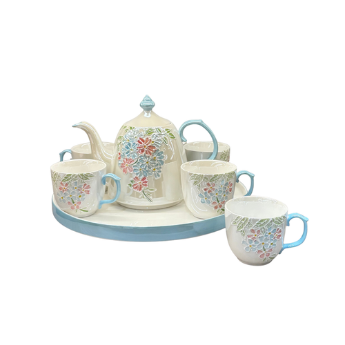 3D Sky Blue Floral Teapot & Cup Set with Round Tray