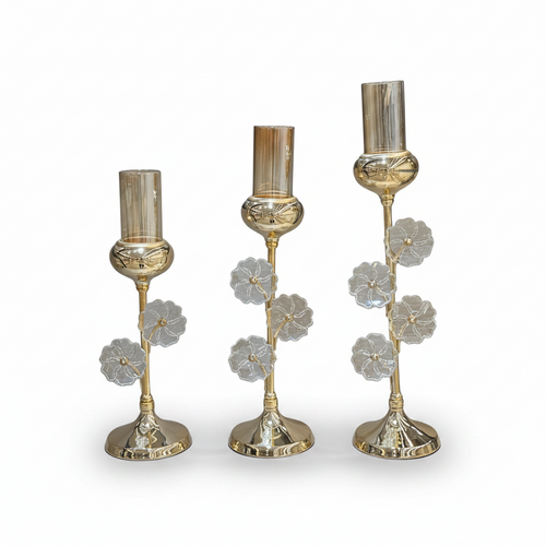 Elegant Gold Stem Crystal Petal Candle Stand Set of 3