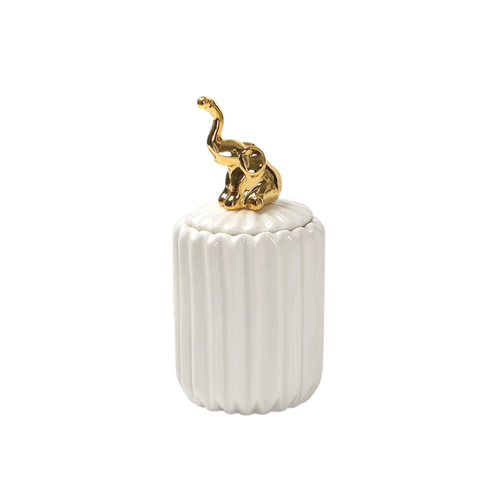Slim Ceramic Vanity Jar with Gold Elephant Handle