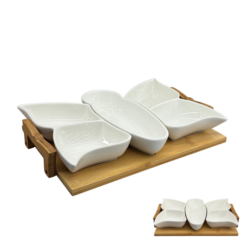 5 Piece Butterfly Appetizer Serving Set with Wooden Tray