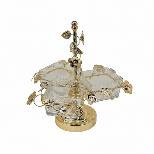 3-Bowl Gold Floral Vine Crystal Serving Caddy