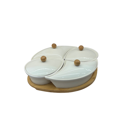 Nordic Leaf Covered Appetizer Set with Wooden Knob Lids