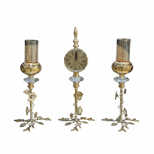 3 Piece Floral Gold Clock & Amber Glass Candle Stand Set