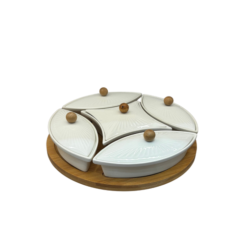Elegant 5 Piece Covered Serving Set with Wooden Platter