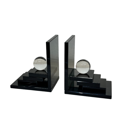 Clear Sphere Stepped Black Glass Bookends