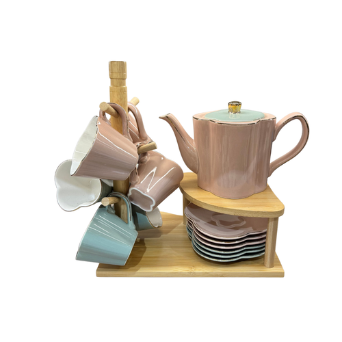 Petal Contour Tea Set with Gold Trim & Wooden Stand