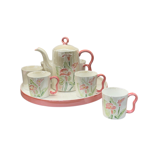 3D Lily Embossed Teapot & Cup Set with Round Tray