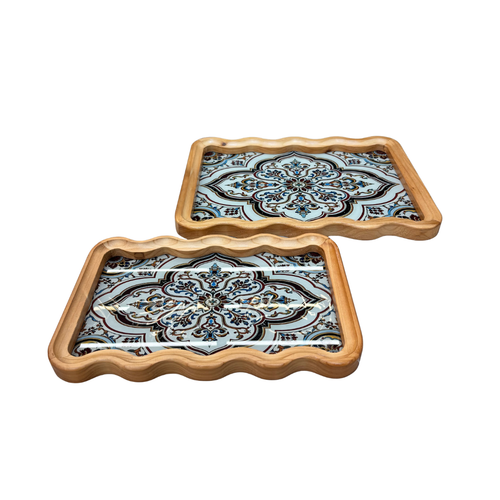 Turkish Pattern Serving Tray Set with Wave Rim Set of 2