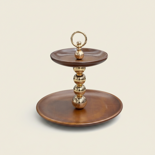 2-Tier Natural Wood & Polished Gold Sphere Serving Platter