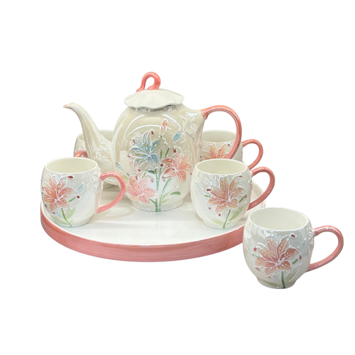 Elegant 3D Floral Lily Tea Set with Matching Round Tray